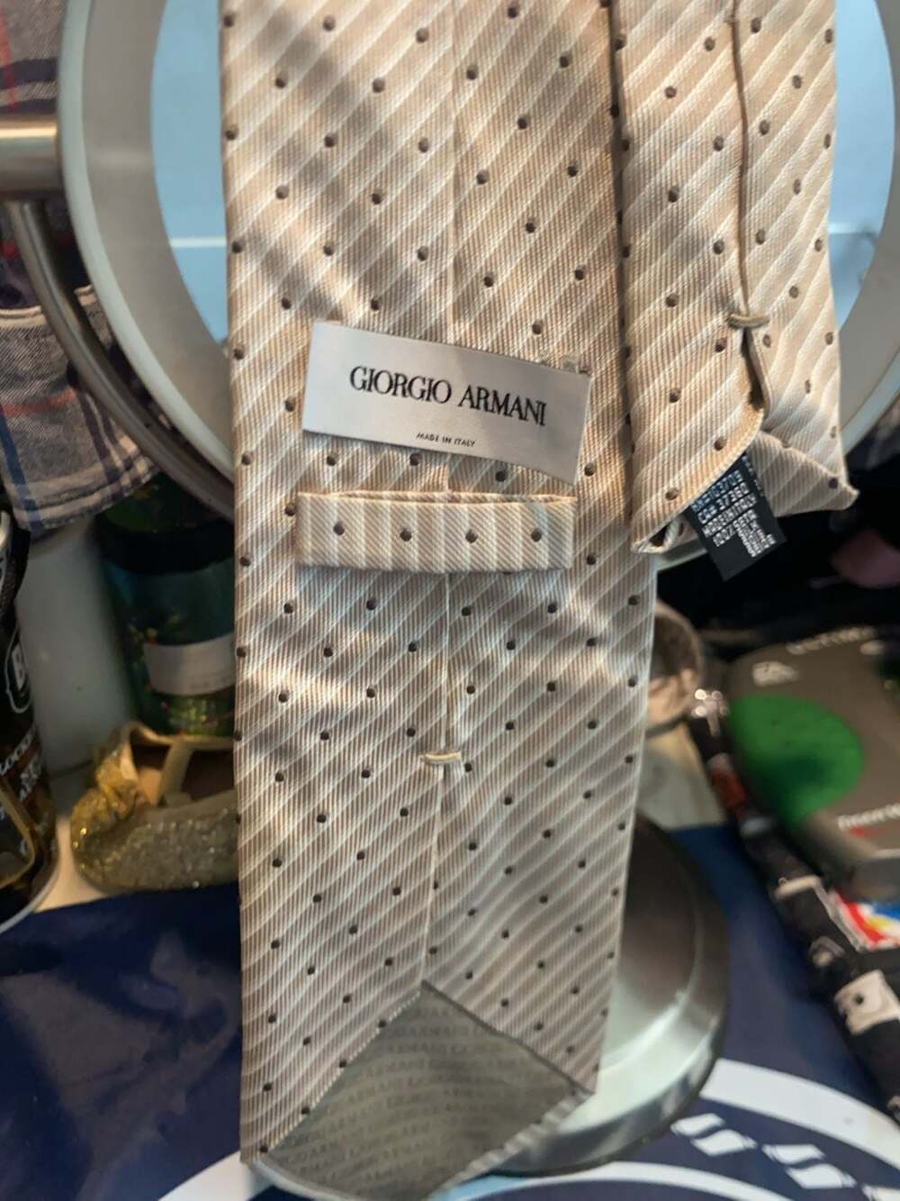 Giorgio Armani Silk Striped Polka Dot Tie Beige Made in Italy
